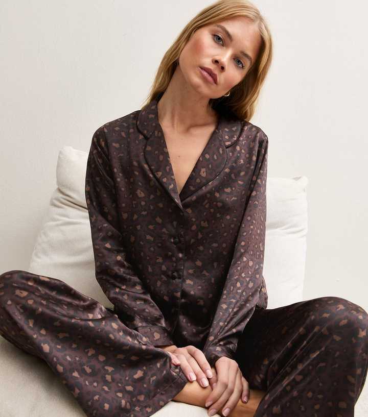 Brown Satin Animal Print Shirt and Trousers Pyjama Set