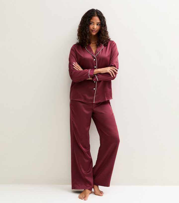 Dark Burgundy Satin Revere Shirt and Trousers Pyjama Set
