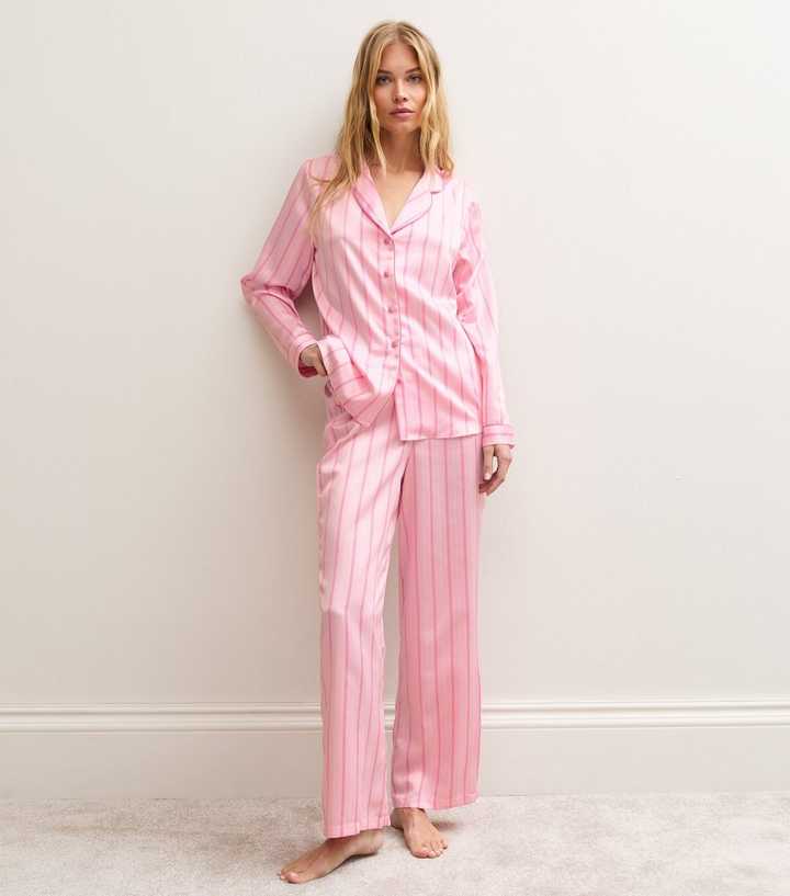 Pink Satin Striped Revere Shirt and Trousers Pyjama Set