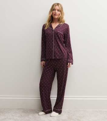 Burgundy Jersey Polka Dot Shirt and Trousers Pyjama Set
