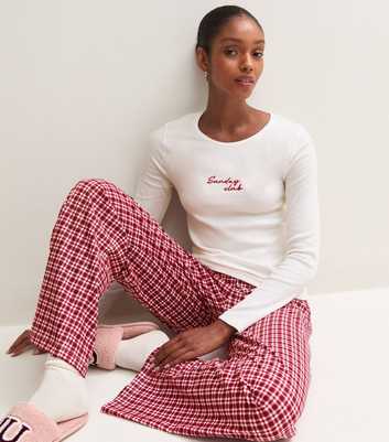 Red Check Cotton Rich Sunday Club Embroidered Long Sleeve Top and Trousers Pyjama Set