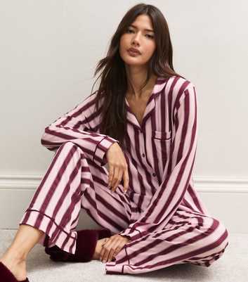 Burgundy Stripe Jersey Revere Shirt and Trousers Pyjama Set