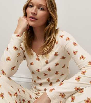 Cream Bear Print Pointelle Henley Pyjama Top