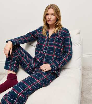 Dark Green Cotton Rich Check Revere Collar Long Sleeve and Trousers Pyjama Set