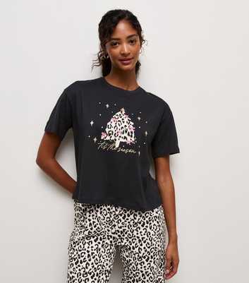 Black Cotton Christmas Tree Leopard Print Pyjama Set
