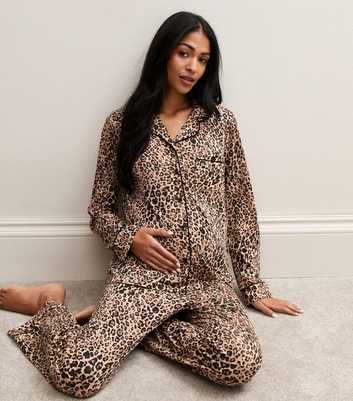 Maternity Brown Cotton Rich Leopard Print Revere Collar Pyjama Set