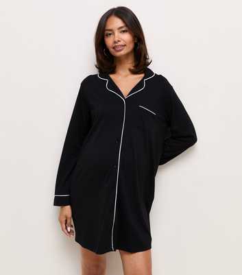 Maternity Black Cotton Revere Collar Night Dress