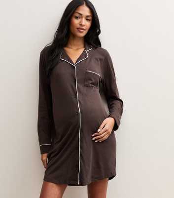 Maternity Dark Brown Cotton Revere Collar Piped Trim Nightshirt