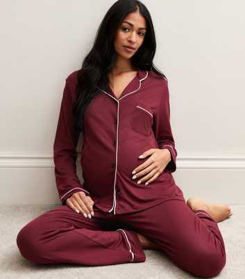 Maternity Dark Burgundy Cotton Rich Revere Collar Pyjama Set