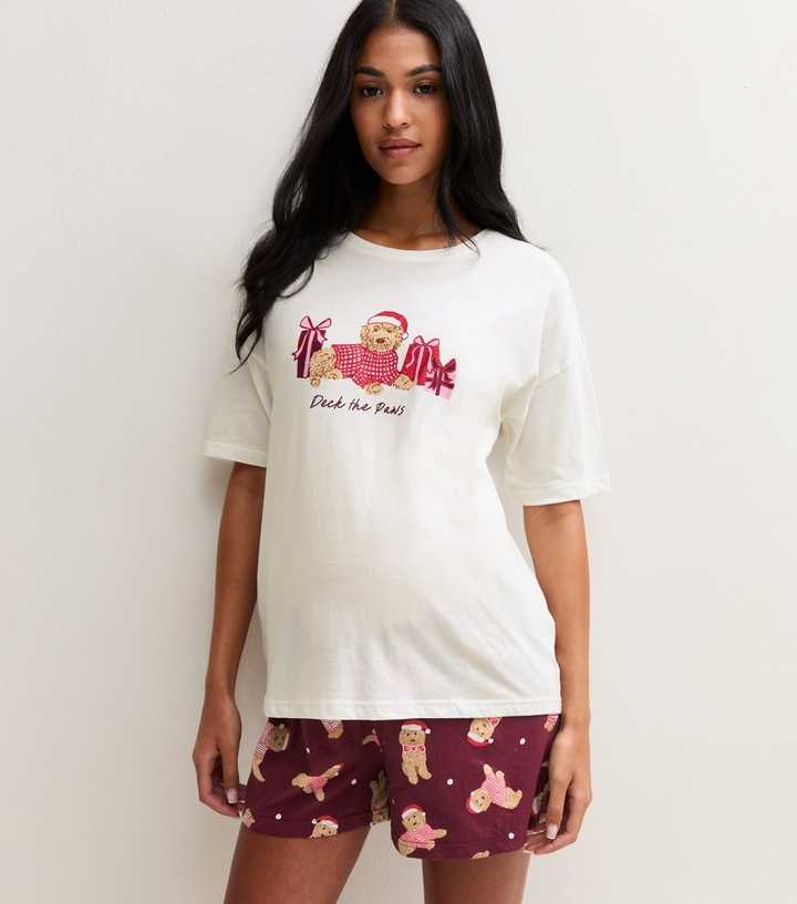 Maternity Red Cotton Deck The Paws T-Shirt and Shorts Pyjama Set