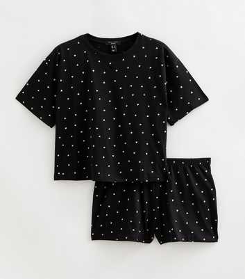 Petite Black Cotton Heart Print T-Shirt and Shorts Pyjama Set
