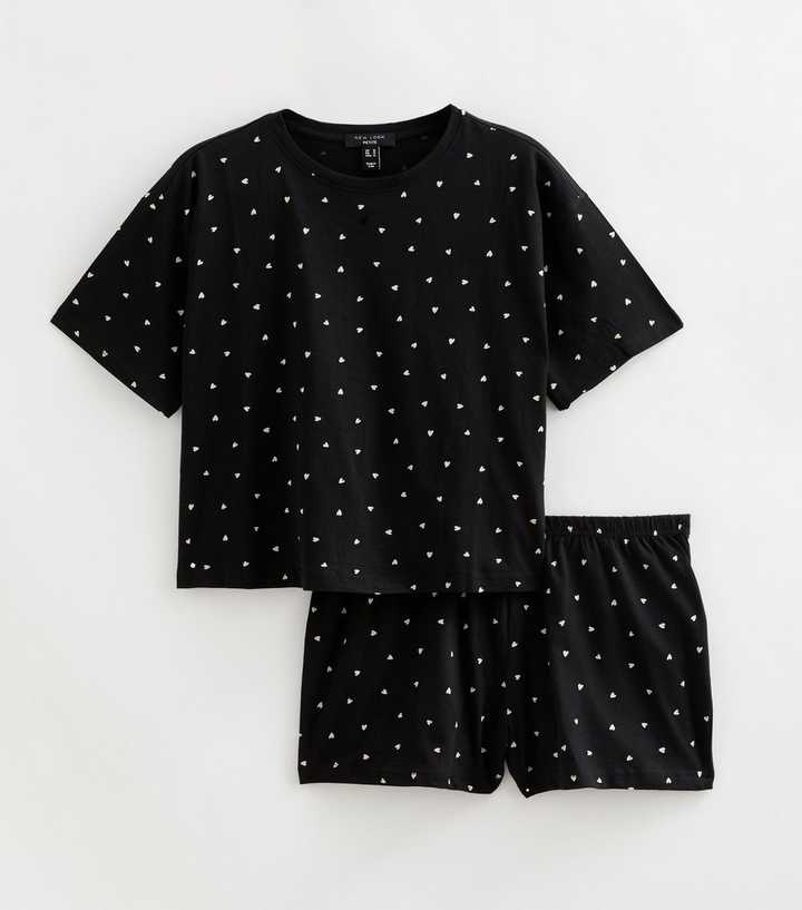 Petite Black Cotton Heart Print T-Shirt and Shorts Pyjama Set