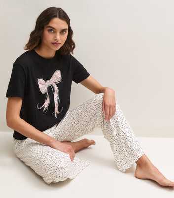 Tall Black Cotton Bow T-Shirt and Trousers Pyjama Set