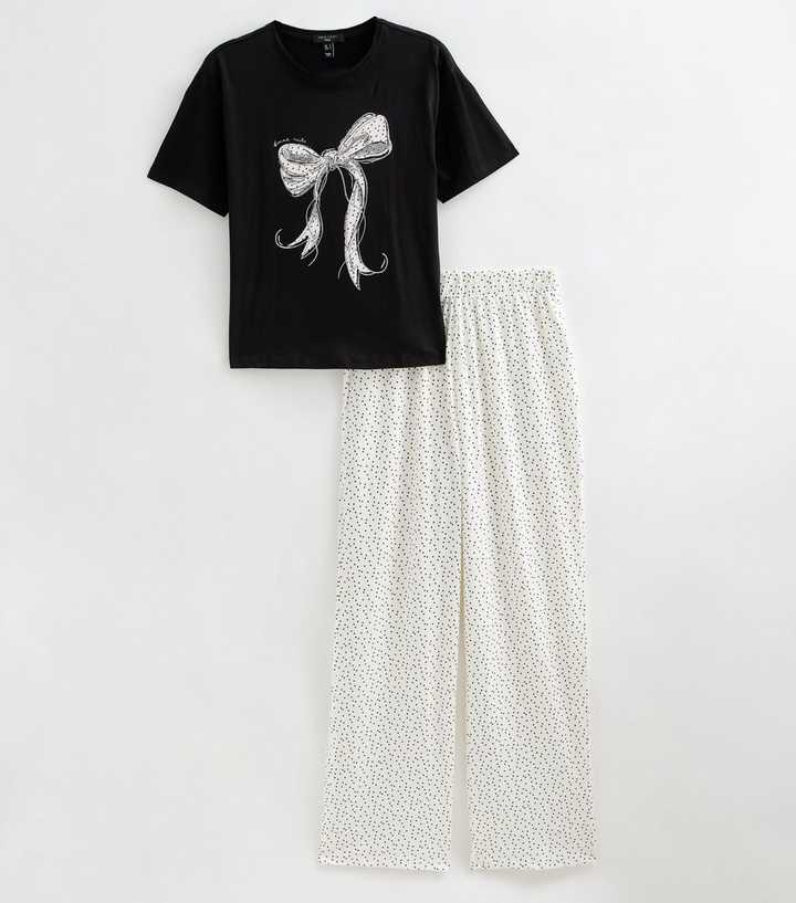 Tall Black Cotton Bow T-Shirt and Trousers Pyjama Set