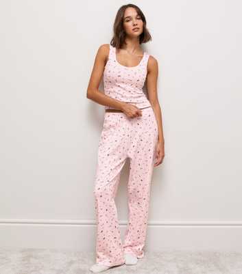 Pink Cotton Pointelle Candy Cane Print Wide Leg Trousers