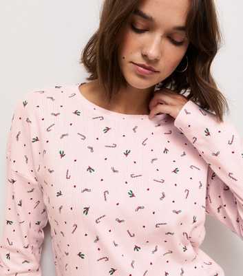 Pink Cotton Pointelle Candy Cane Print Long Sleeve Top