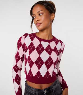 Pink Vanilla Dark Burgundy Cropped Argyle Knit Jumper