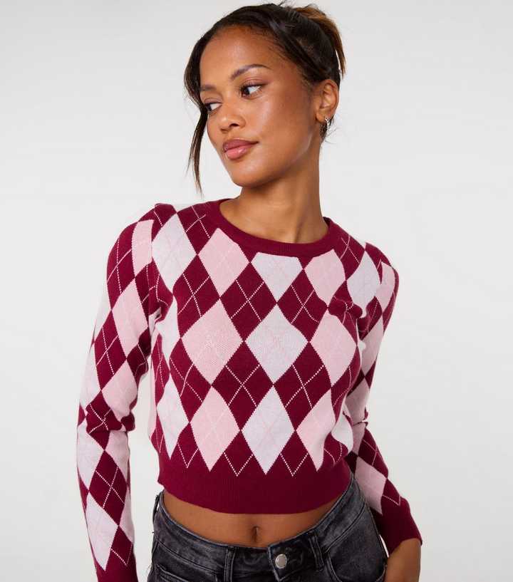 Pink Vanilla Dark Burgundy Cropped Argyle Knit Jumper