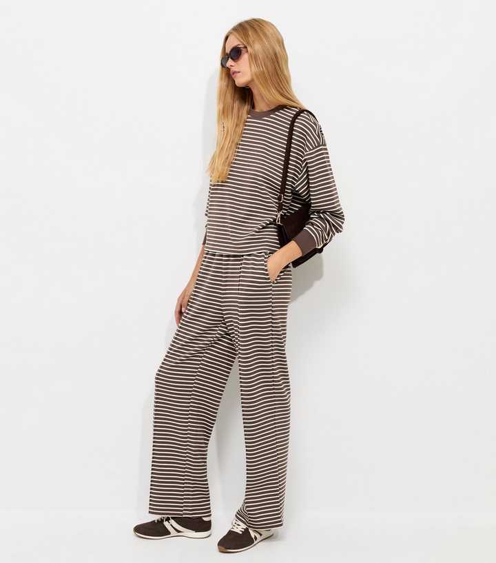 Premium Brown Striped Wide Leg Jogger Trousers
