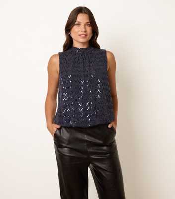 Blue Vanilla Navy High Neck Lurex Puff Ball Blouse