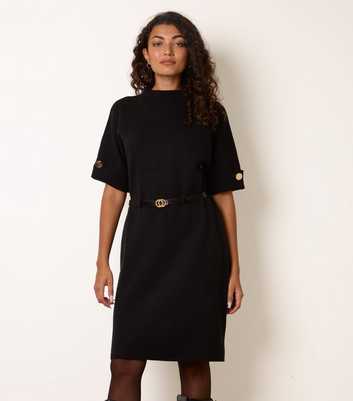 Blue Vanilla Black Funnel Neck Belted Knit Dress