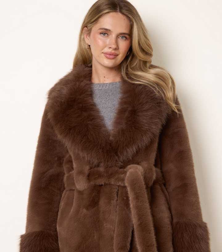 Blue Vanilla Brown Plush Faux Fur Belted Coat