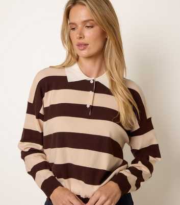 Blue Vanilla Dark Brown Striped Long Sleeve Polo T-Shirt