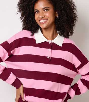 Blue Vanilla Dark Burgundy Striped Long Sleeve Polo T-Shirt