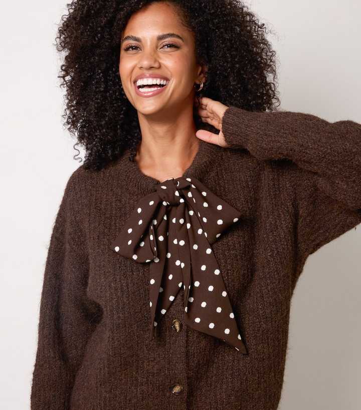 Blue Vanilla Dark Brown Bow Detail Knitted Cardigan