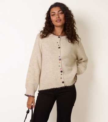 Blue Vanilla Oatmeal Contrast Trim Button Cardigan