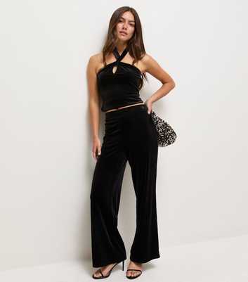 Petite Black Velvet Wide Leg Trousers