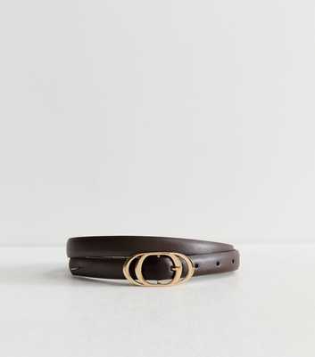 Dark Brown Faux Leather Oval Buckle Skinny Belt