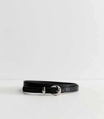 Black Faux Leather Croc Embossed Skinny Belt