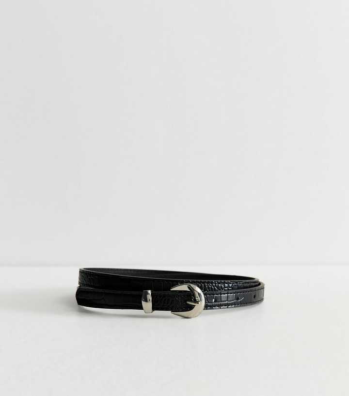 Black Faux Leather Croc Embossed Skinny Belt