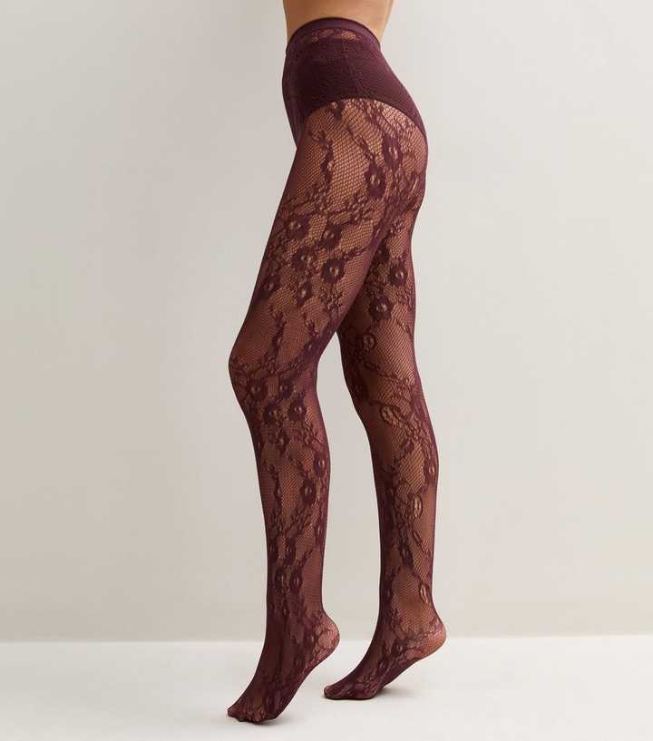 Dark Burgundy Floral Lace Tights