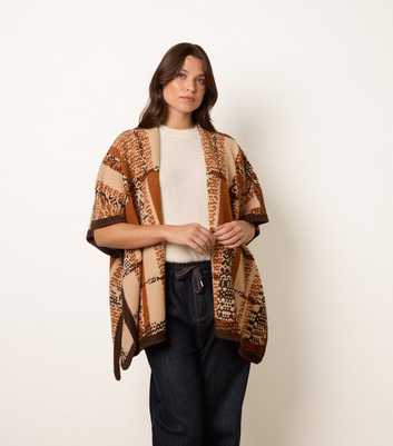 Blue Vanilla Brown Geometric Patchwork Poncho