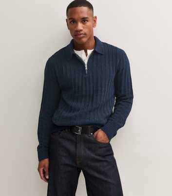 Only & Sons Navy Ribbed Knit 3/4 Zip Collared Jumper