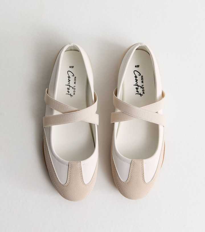 Off White and Oatmeal Faux Leather Sports Ballet Flats