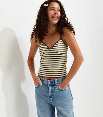 Girls Yellow Cotton Rich Striped V-Neck Cami Top