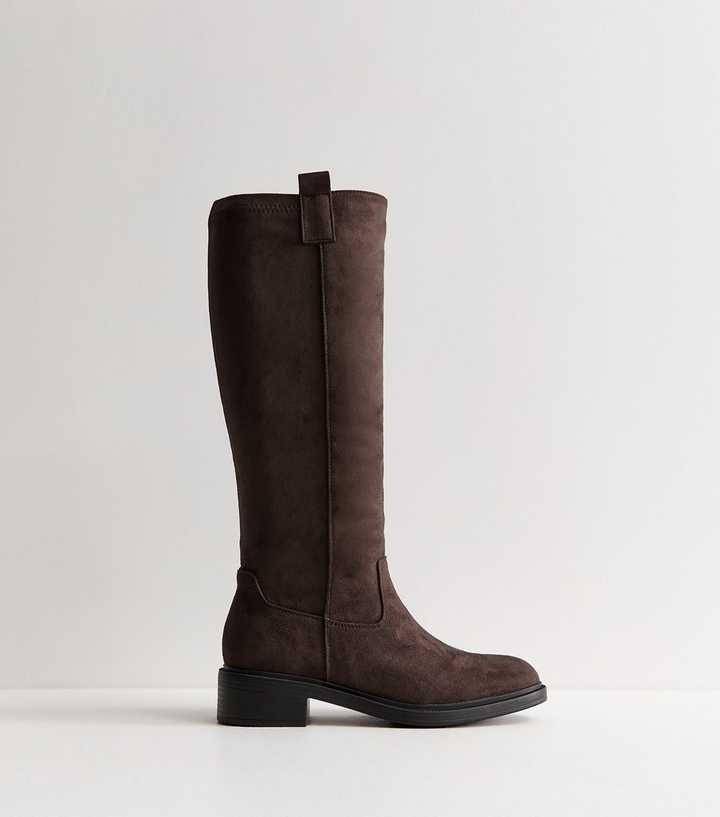 Dark Brown Faux Suede Riding Knee High Boots