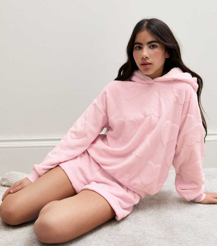 Girls Pink Heart Pattern Hoodie and Shorts Pyjama Set