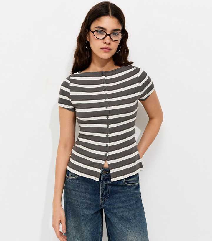 Grey Cotton Rich Striped Button Through Baby Tee T-Shirt