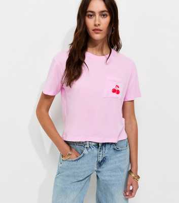 Light Pink Cotton Cherry Pocket Oversized T-Shirt