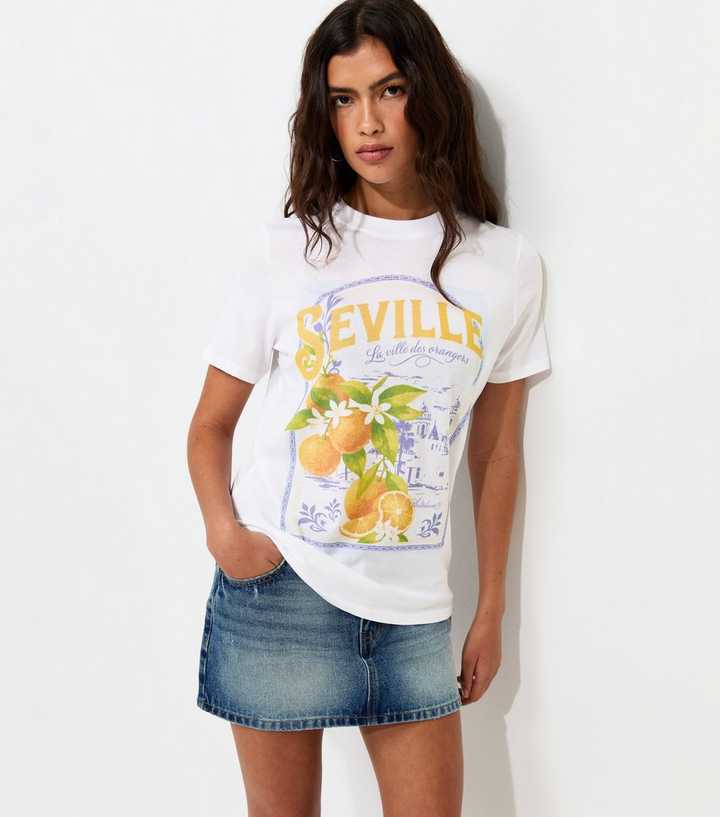 White Cotton Seville Orange Print T-Shirt