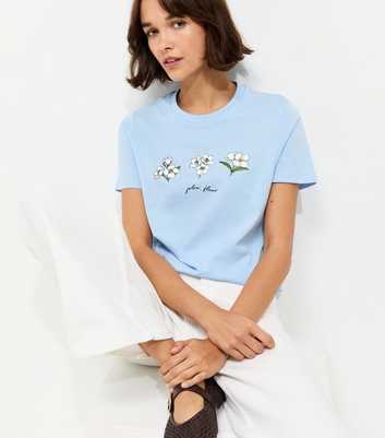 Light Blue Cotton Flower Print T-Shirt
