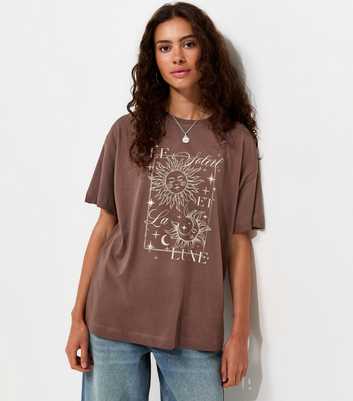 Dark Brown Cotton Sun Moon Oversized T-Shirt