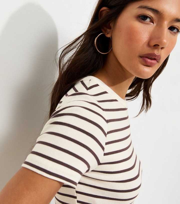 Brown Cotton Rich Striped Crew Neck T-Shirt