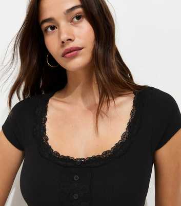 Black Cotton Rich Rib Lace Trim Henley T-Shirt