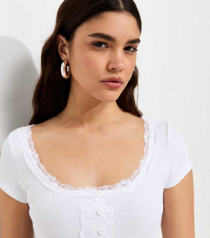 White Cotton-Rich Rib Lace Trim Henley T-Shirt