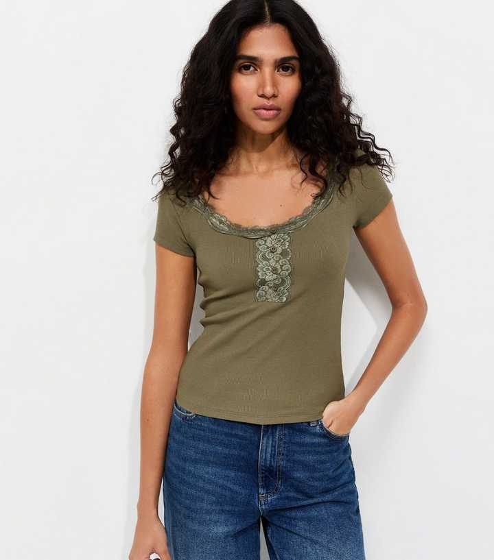 Khaki Cotton-Rich Rib Lace Trim Henley T-Shirt